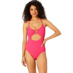 Celebrity Pink Textured One Piece Halter Swimsuit, Dragon Fruit Juniors Size S